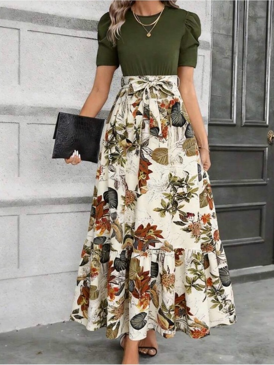 Dresses & Skirts - Olive & Cream Floral Tie-Waist Maxi Dress